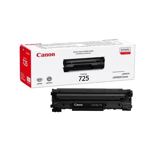 کارتریج تونر لیزری مشکی کانن مدل Canon 725 در کنار جعبه محصول