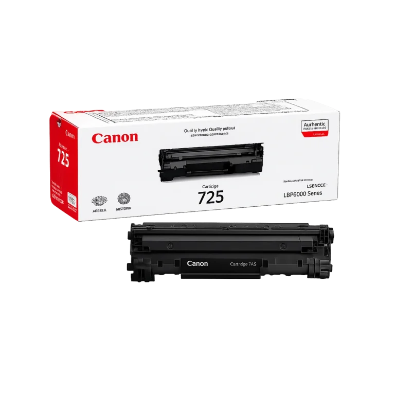 کارتریج تونر لیزری مشکی کانن مدل Canon 725 در کنار جعبه محصول