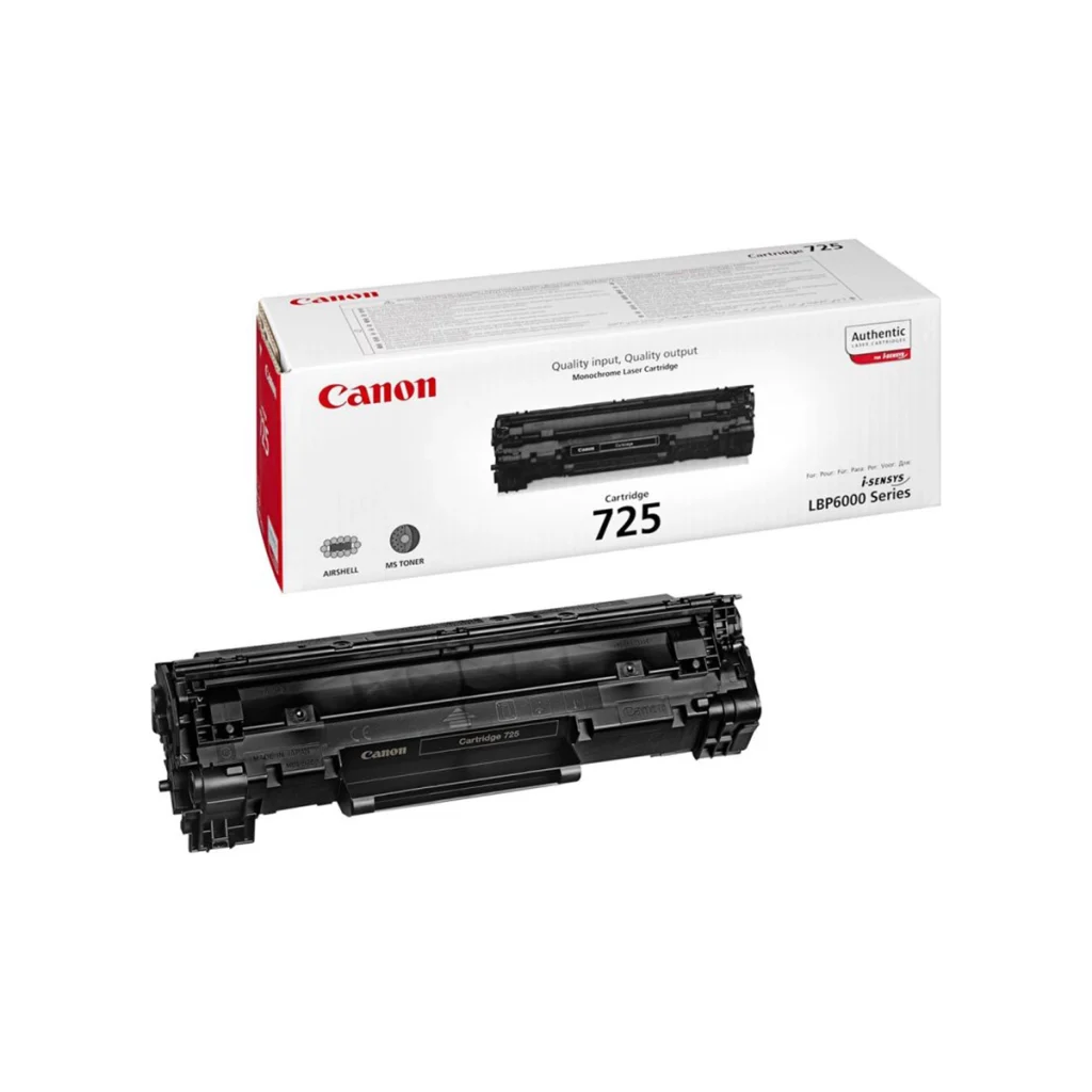 کارتریج تونر لیزری مشکی کانن مدل Canon 725 در کنار جعبه محصول